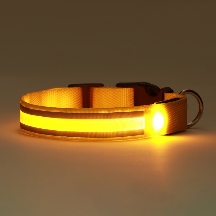 Ошейник с подсветкой Двойная полоса размер M, ОШ 40-48 х 2,5 см, 3 режима свечения жёлтый