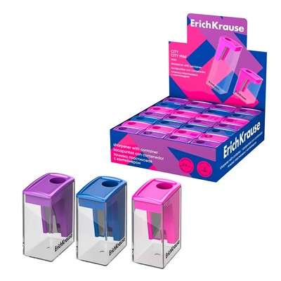 Точилка ErichKrause City Mini Vivid, 1 отверстие, с контейнером, пластиковая, МИКС