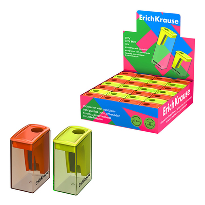 Точилка ErichKrause «City Mini» Neon, 1 отверстие, с контейнером, пластиковая, МИКС