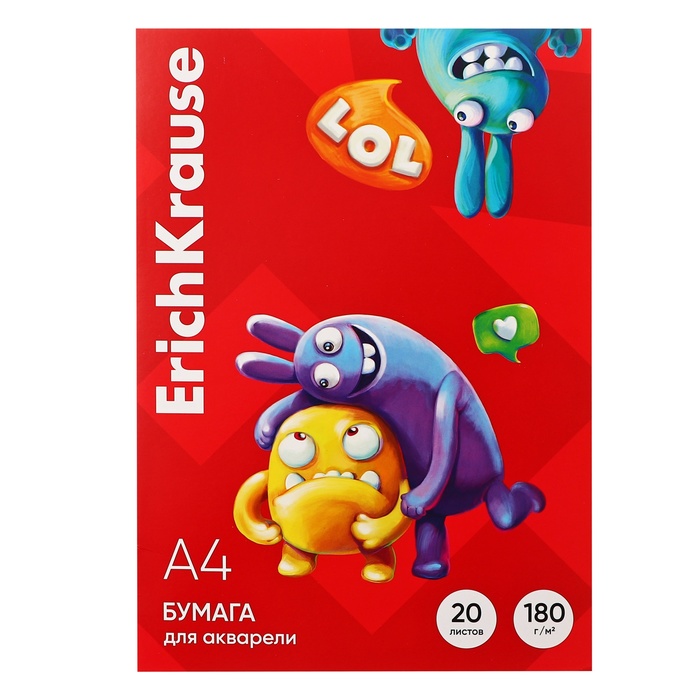 

Бумага для акварели А4, 20 листов, ErichKrause Jolly Friends, блок 180 г/м², 100% белизна, в картонной папке