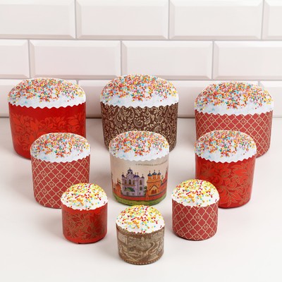 Набор бумажных форм для кулича Деко-про «Красная Пасха». 9 видов по 1 штуке, одноразовый, разноцветный