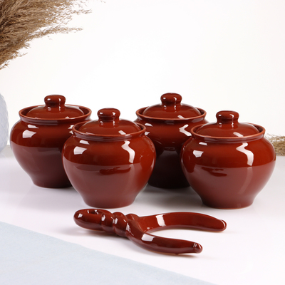 Набор горшочков для запекания Псковский гончар «Стандарт», 4 шт., 850 мл, с ухватом, коричневый