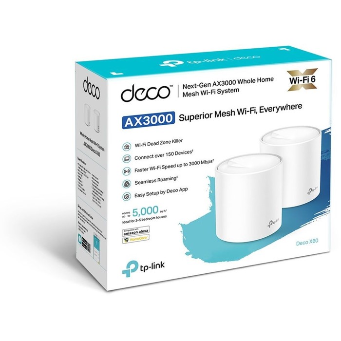 Бесшовный Mesh роутер TP-Link Deco X60 AX3000, 1000 Мбит/с, 2 шт, белый - фото 51650792