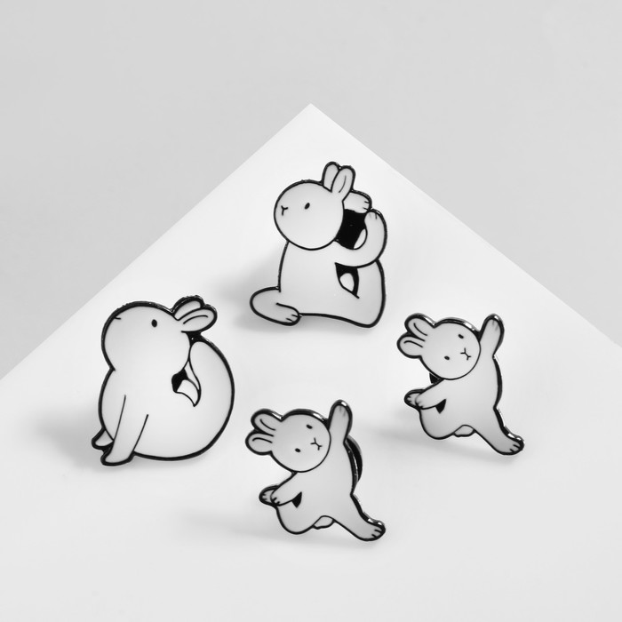 Набор значков (4 шт.) «Зайчики» йога, цвет белый в чёрном металле - Фото 1