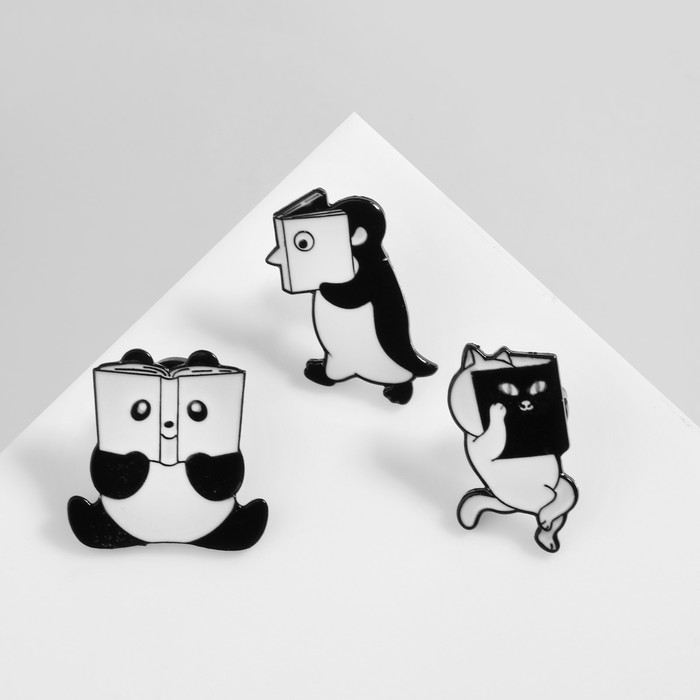 Набор значков (3шт) "Комиксы" с животными, цвет чёрно-белый в чёрном металле
