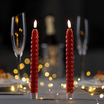 Набор светодиодных свечей, красные, 2 × 25 × 2 см, пластик, воск, батарейки АААх2 (не в комплекте), свечение тёплое белое, 2 шт.