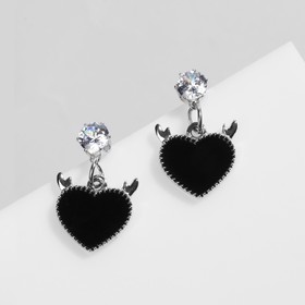 Серьги эмаль "Сердце" с рожками, цвет чёрный в серебре
