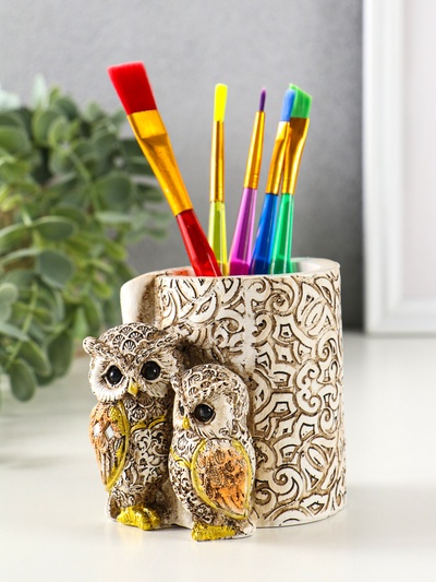 Фигурка-карандашница полистоун «Филины с орнаментом», 6.5×8.5×9 см