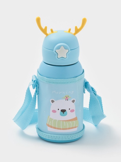 Термос детский «Мишка», 500 мл, с кружкой, два вида крышек, сохраняет тепло до 6 ч, нержавеющая сталь, синий