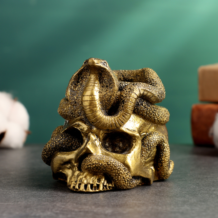Подсвечник "Змея на черепе" старое золото, 9,5х8х8см - Фото 1