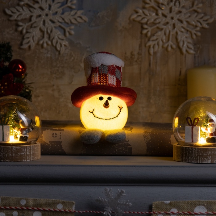 Светодиодная фигура «Снеговик в цилиндре» 6 × 11 × 6 см, текстиль, батарейки LR1130х3, свечение тёплое белое - фото 1908071503