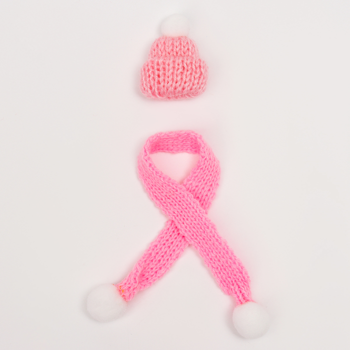 Вязаные шапка и шарфик для игрушек, цвет розовый - Фото 1