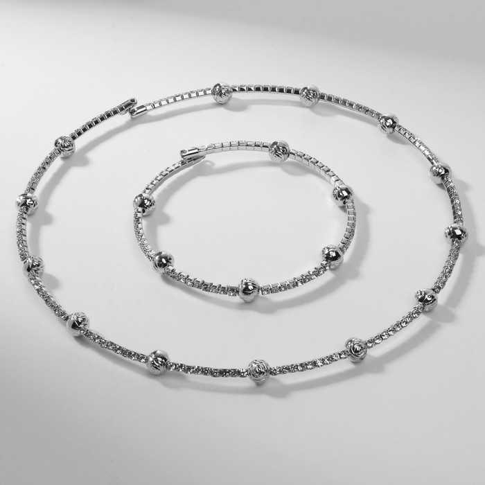 Набор 2 предмета« колье, браслет »Ноэль, бусины №6, цвет белый в серебре - Фото 1