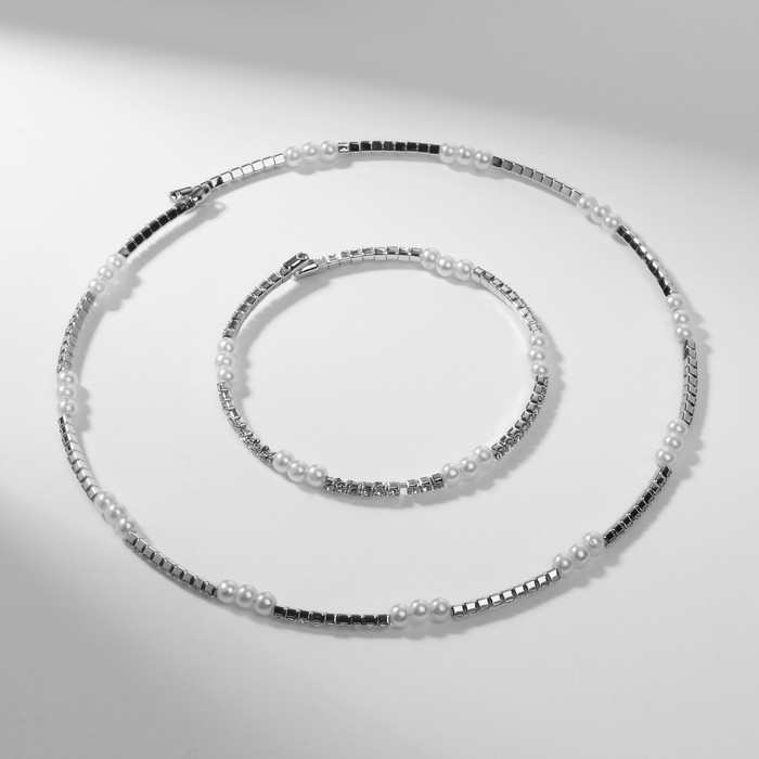 Набор 2 предмета" колье, браслет "Ноэль", бусины №4, цвет белый в серебре