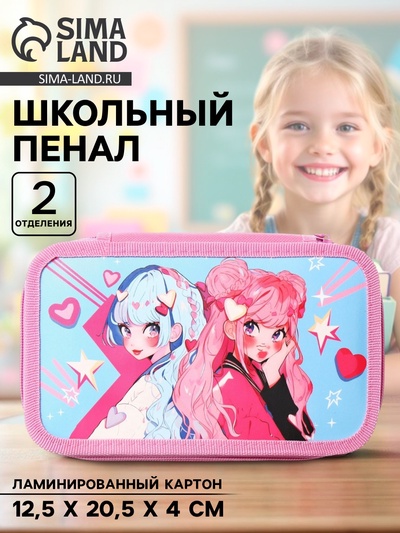 Пенал школьный, 2 секции, 12.5×20.5×4 см «Аниме подружки»