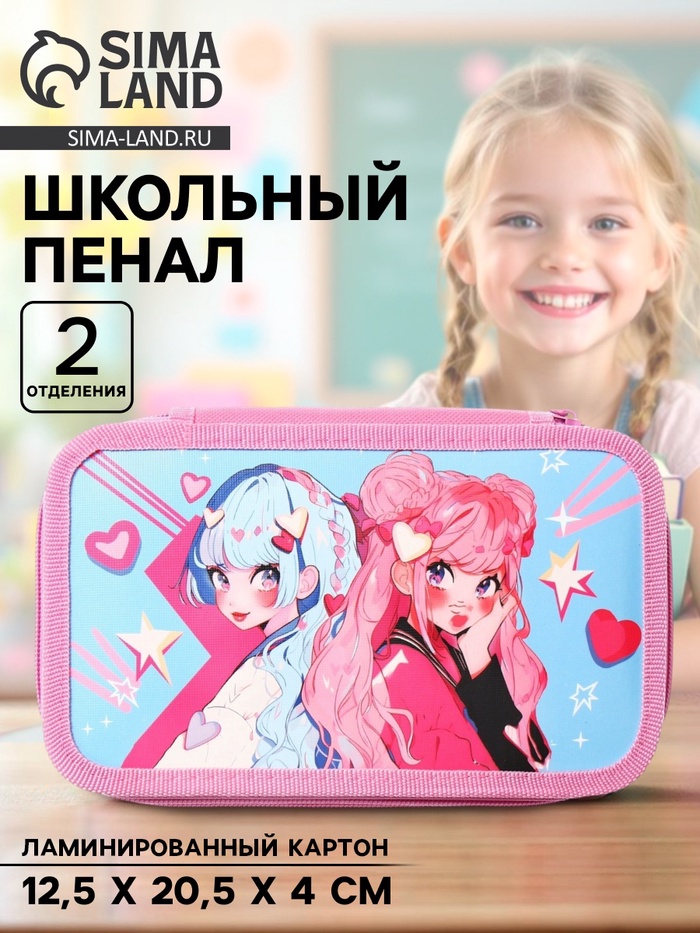 Пенал школьный, 2 секции, 12.5×20.5×4 см «Аниме подружки» - Фото 1