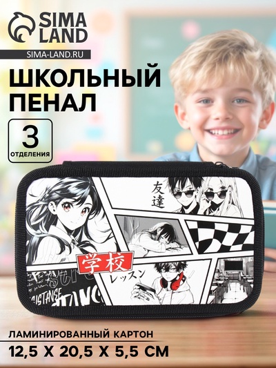 Пенал школьный, 3 секции, 12.5×20.5×5.5 см «Аниме»