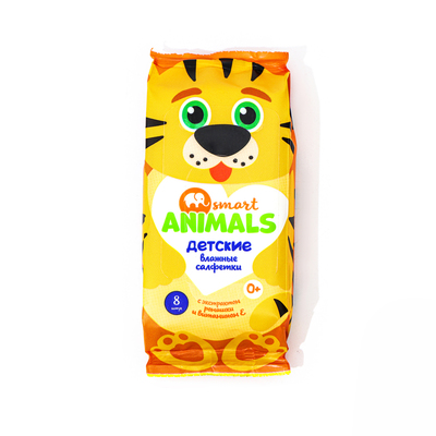 Влажные салфетки детские Smart Animals, с ромашкой и витамином Е, 8 шт., МИКС
