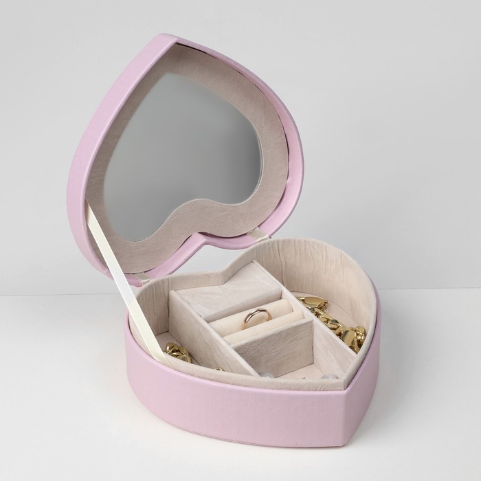 Органайзер для украшений портативный с зеркалом "Шкатулка сердце единорог", 17*15*7 см, цвет розовый