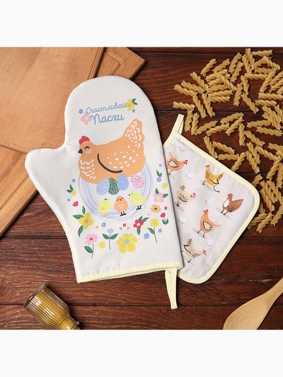Набор кухонный Доляна "Курочки": варежка 20х28 см, прихватка 17х17 см, 35% хлопок, 65% п/э