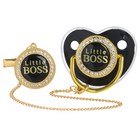 Соска - пустышка силиконовая ортодонтическая M&B «Маленький БОСС», от 6 мес., с колпачком, держатель - цепочка, черный/золото, стразы - Фото 7