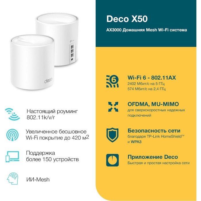 Бесшовный Mesh роутер TP-Link Deco X50 AX3000, 1000 Мбит/с, 2 шт, белый - фото 51623681