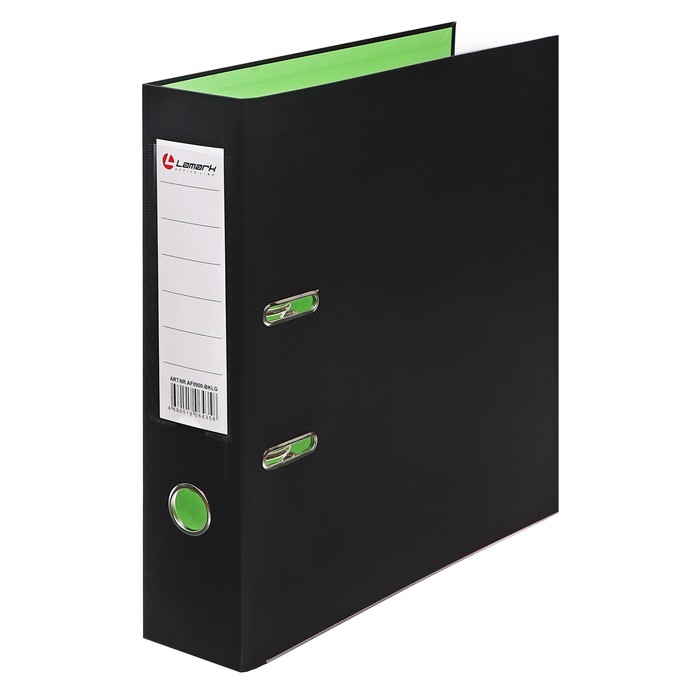Папка-регистратор А4, 75 мм, Lamark, ПВХ, двухстороннее покрытие, металлическая окантовка, карман на корешок, собранная, черный/зелёный