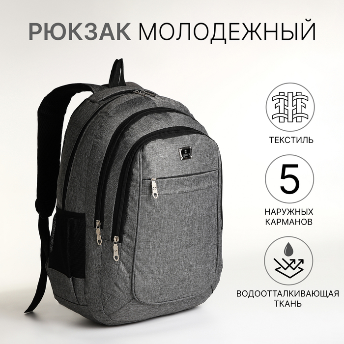 

Рюкзак школьный на молнии, 5 наружных карманов, цвет серый