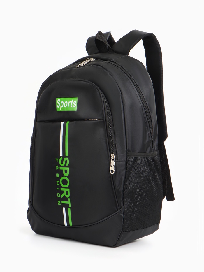 Рюкзак школьный на молнии, с карманами, с принтом, полосками, размер 32×16×47 см, чёрный/зелёный - Фото 1