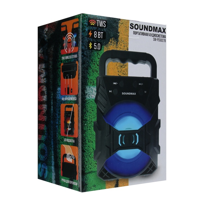 Портативная колонка Soundmax SM-PS5027B, 8Вт, 800мАч, FM, BT 5.0, microSD, USB, подсветка