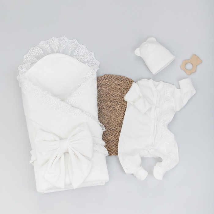 Комплект на выписку KinDerLitto «Бристоль», 5 предметов: одеяло, пелёнка, комбинезон-слип, шапочка, бант, демисезонный, рост 50-56 см, цвет сахар