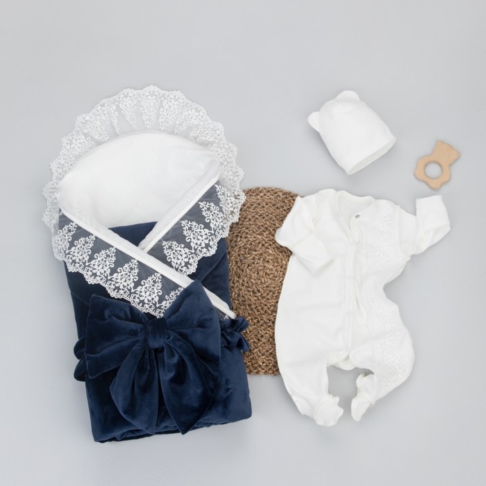 Комплект на выписку KinDerLitto «Бристоль», 5 предметов: одеяло, пелёнка, комбинезон-слип, шапочка, бант, демисезонный, рост 50-56 см, цвет тёмно-синий
