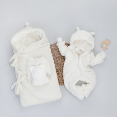 Комплект на выписку KinDerLitto «Веснушка», 5 предметов: одеяло-конверт, шапочка, комбинезон-слип, комбинезон, шапочка, демисезонный, рост 50-56 см, цвет молоко