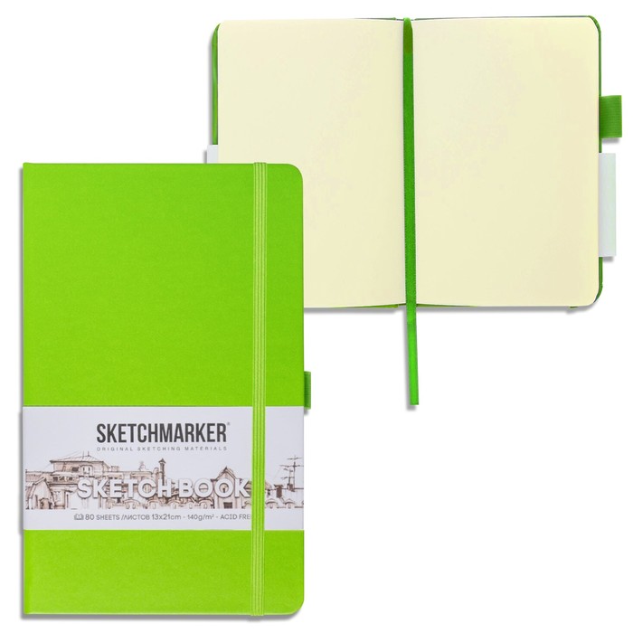 Скетчбук Sketchmarker, 130 х 210 мм, 80 листов, твёрдая обложка из бумвинила, зелёный, блок 140 г/м2 - Фото 1