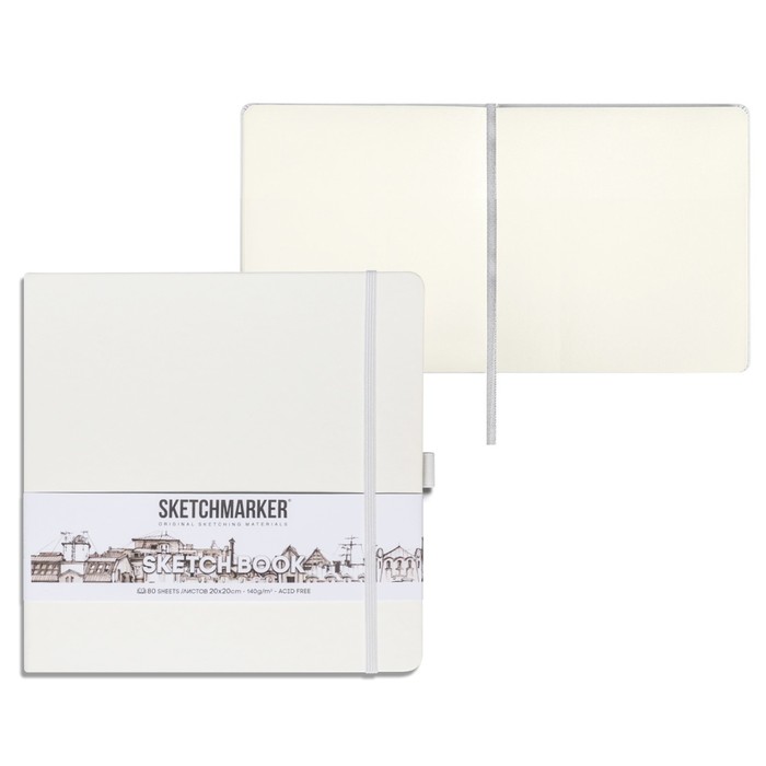 Скетчбук Sketchmarker, 200 х 200 мм, 80 листов, твёрдая обложка из бумвинила, белый, блок 140 г/м2 - Фото 1