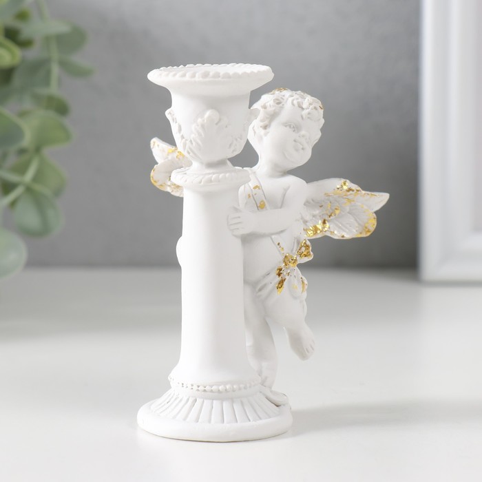 Подсвечник полистоун на 1 свечу "Ангел на колонне" d-1,2 см белый с золотом 9,8х8х7 см