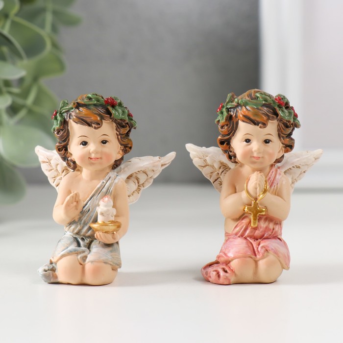 Сувенир полистоун "Ангел с веночком со свечой/крестиком" МИКС 6х4,8х3,4 см - Фото 1