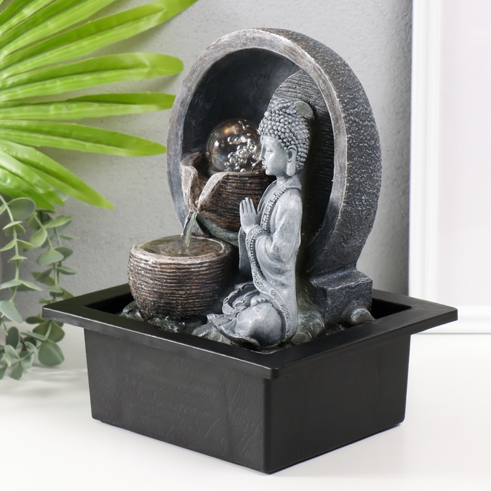 Фонтан настольный от сети, подсветка "Серый Будда у каменного фонтана" 21х17,5х26 см