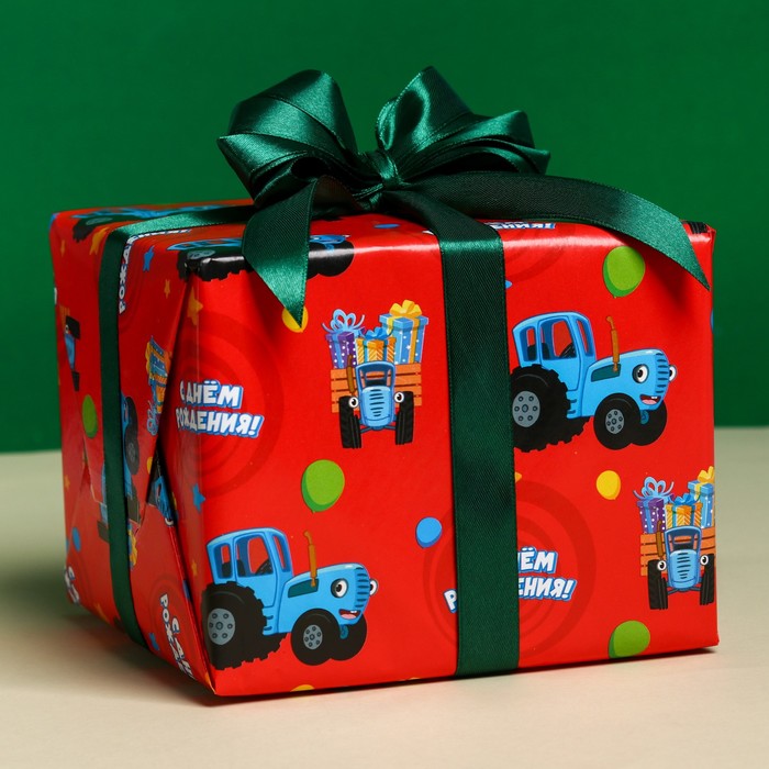 Бумага упаковочная глянцевая, "С Днём Рождения", Синий трактор, 70х100 см