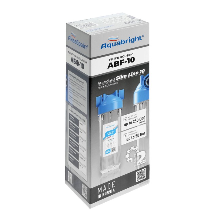 Корпус для фильтра "Аквабрайт" АБФ-10-12, 1/2", для холодной воды, ключ, крепеж, прозрачный