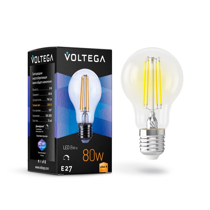 Лампа Voltega 5489, 8Вт, 6х6х10,5 см, E27, 740Лм, 2800К, цвет прозрачный