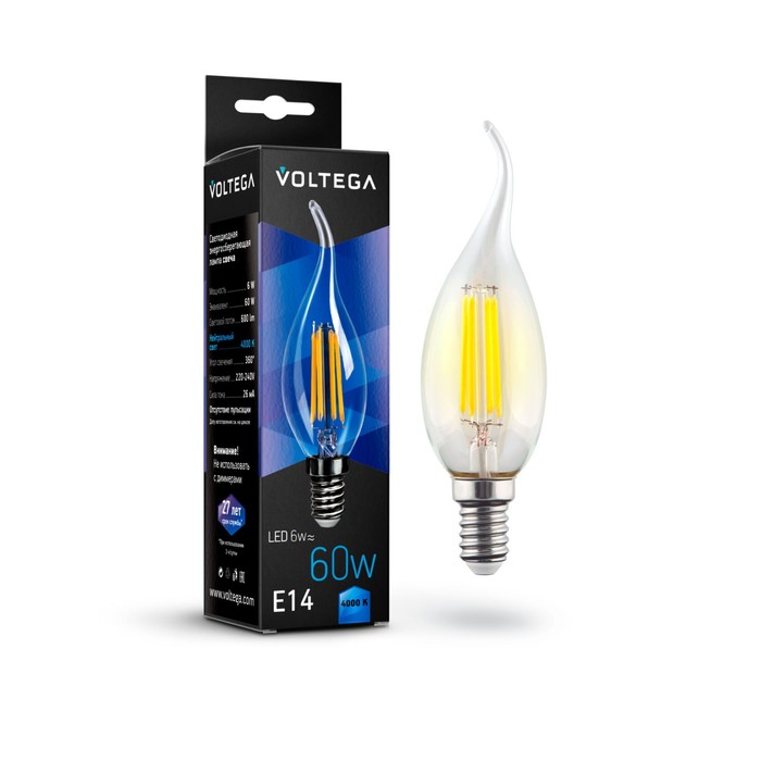 Лампа Voltega 7018, 6Вт, 3,5х3,5х12 см, E14, 600Лм, 4000К, цвет прозрачный