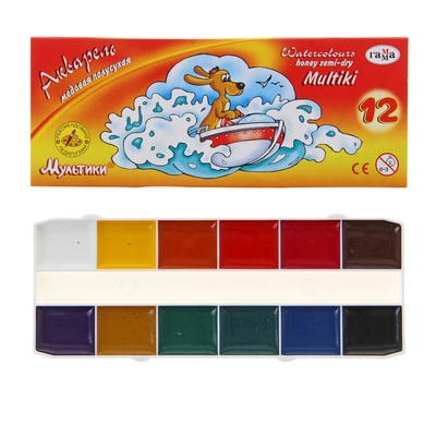 Акварель медовая «Гамма. Мультики», 12 цветов, без кисти, картон