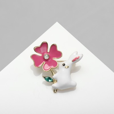 Брошь «Зайчик» с цветком, цветная в золоте