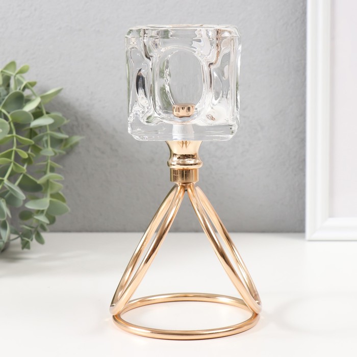Подсвечник металл, стекло на 1 свечу "Ледяной кубик" d=6 см золото 10х10х19 см - Фото 1