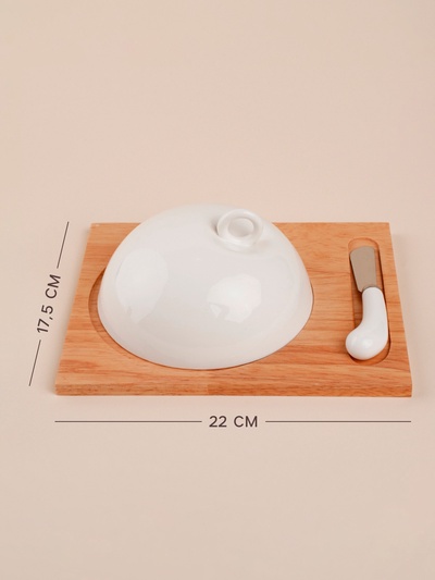 Маслёнка SL Home «Тренто», 22×17.5 см, на деревянной подставке, с ножом для масла, фарфор, белая