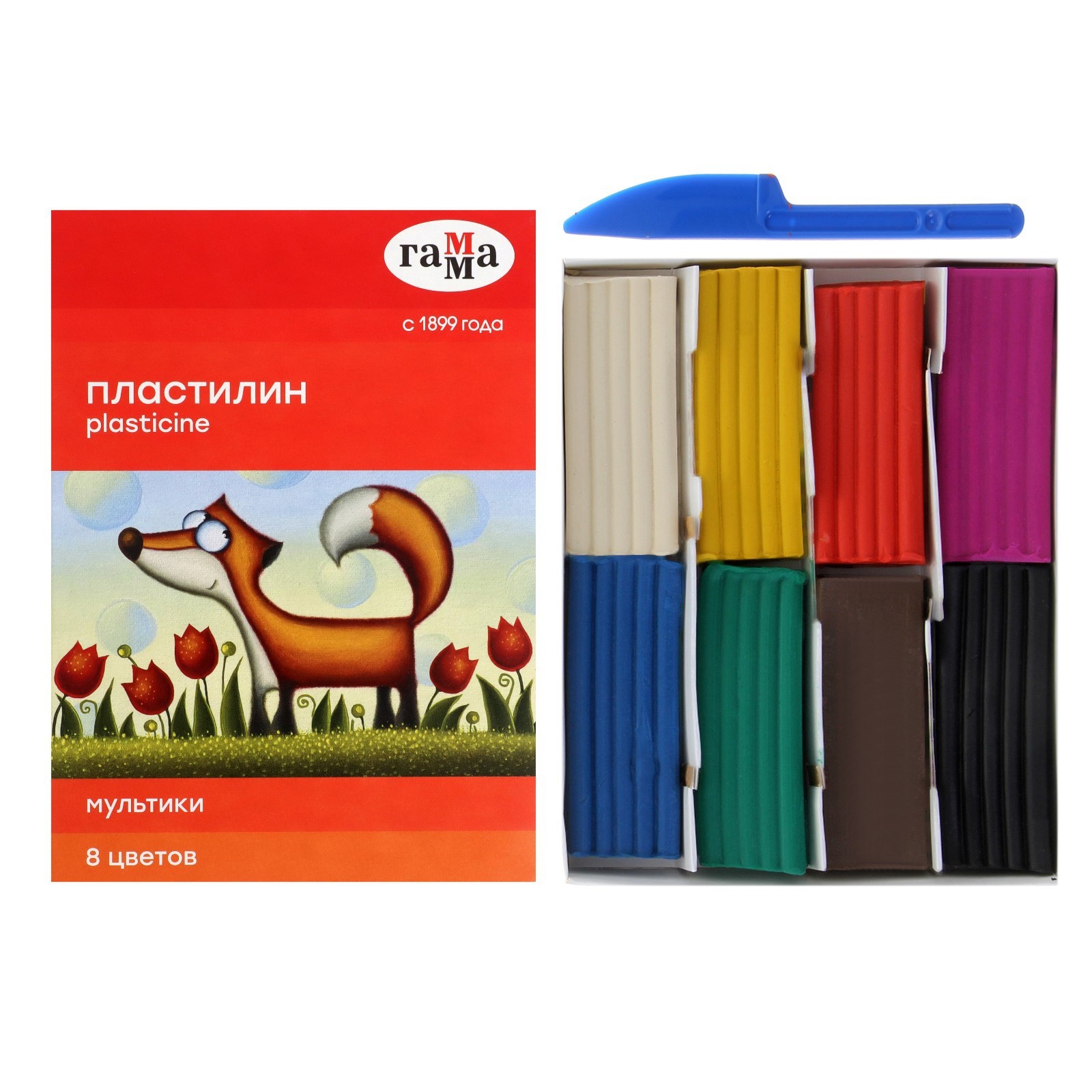 Пластилин 8 цветов 160 г, "Гамма" "Мультики", со стеком (262532 ...