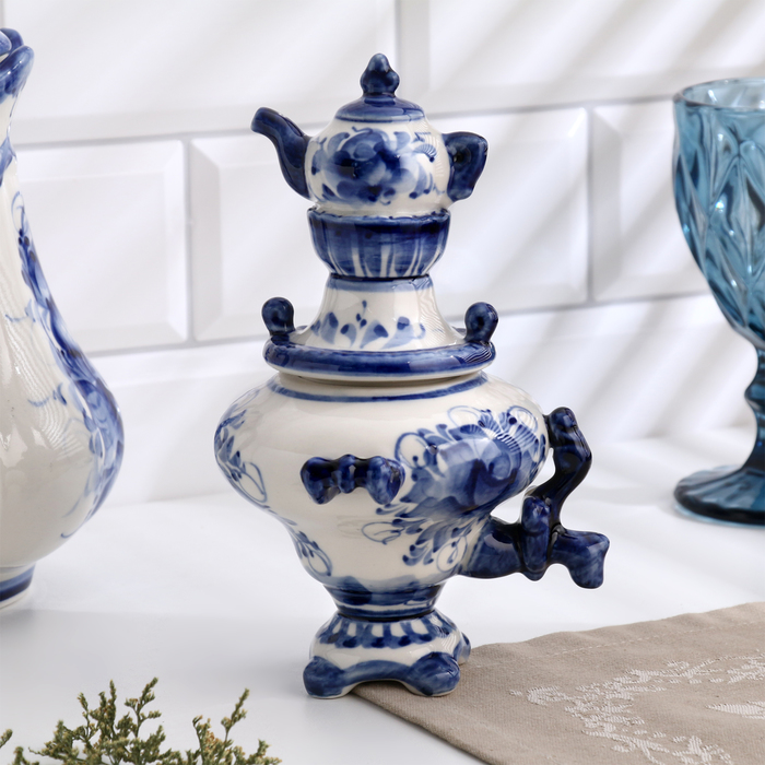 Фигурка керамика гжель «Самовар», бело-синий, 20×13 см - Фото 1