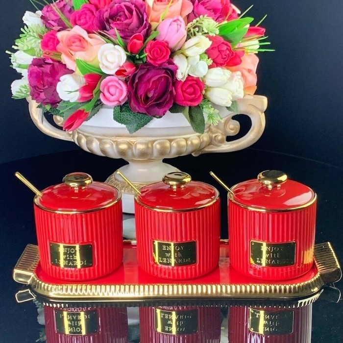 Набор банок Lenardi, с ложками на подставке, 3 шт, цвет красный - Фото 1