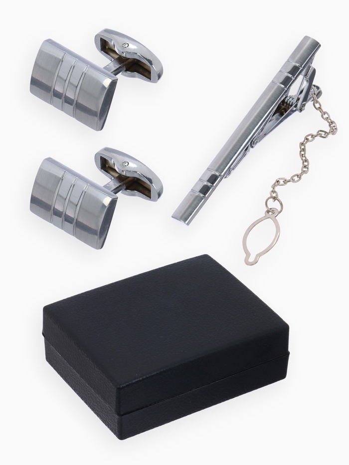 Набор мужской стальной «Запонки + Зажим для галстука» брутальность, чёрный в серебре - Фото 1